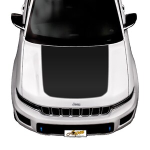 May include: A white Jeep with a black hood decal. The decal has a black stripe down the centre and two smaller stripes on either side. The Jeep has a black grille with the word "Jeep" in silver lettering.