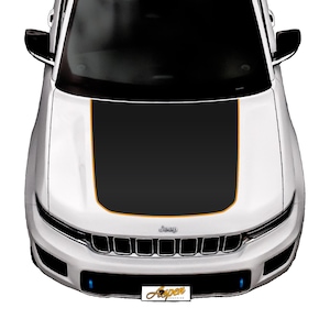 May include: White Jeep Cherokee with a black and yellow hood stripe. The Jeep logo is visible on the front grille.