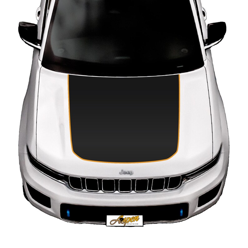 May include: White Jeep Cherokee with a black and yellow hood stripe. The Jeep logo is visible on the front grille.