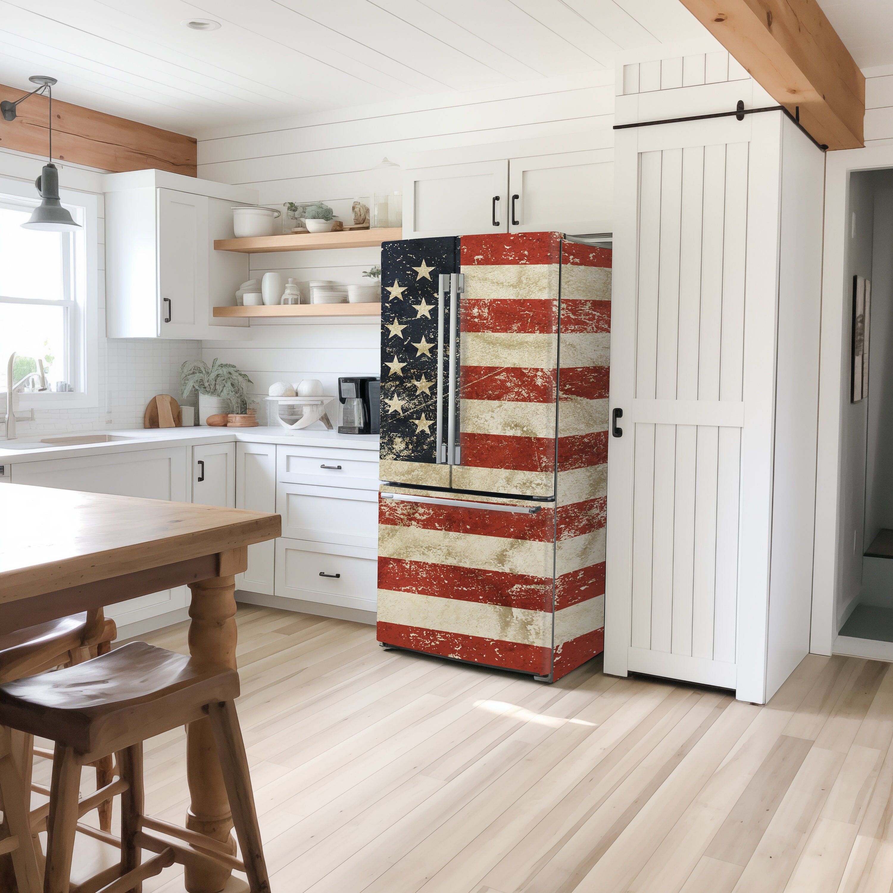 Distressed US American Flag Fridge Wrap Decal - Realistic, Patriotic Kitchen Decor Veteran Gift Fridge Side By Side Wrap Custom Size Decal