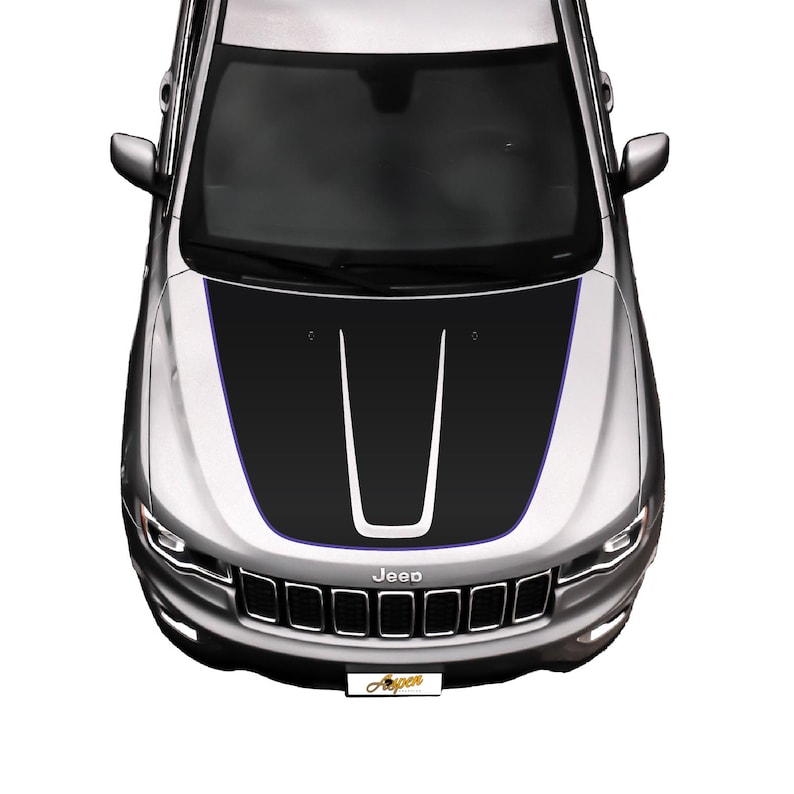 May include: A silver Jeep with a black and white hood decal. The decal has a blue outline and a Jeep logo on the front grille.