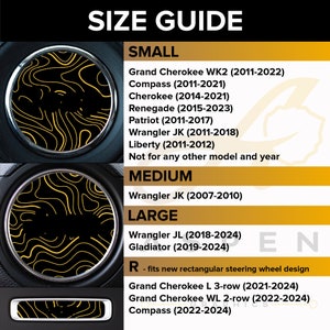 May include: A size guide for Jeep steering wheel covers. The guide shows different sizes for various Jeep models, including the Grand Cherokee, Compass, Cherokee, Renegade, Patriot, Wrangler JK, Wrangler JL, and Gladiator. The guide also notes that the "R" size fits new rectangular steering wheel designs.