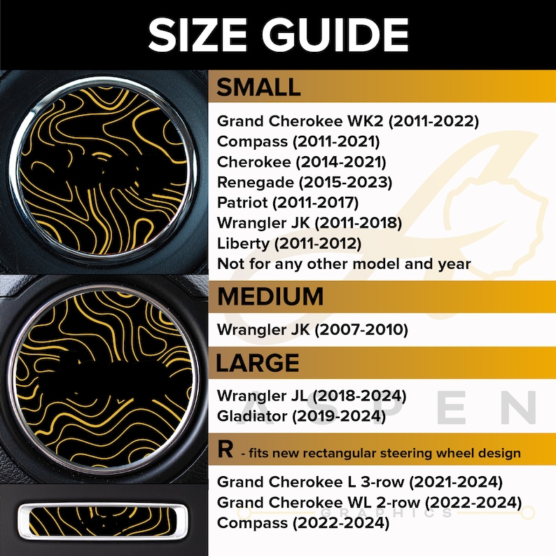 May include: A size guide for Jeep steering wheel covers. The guide shows different sizes for various Jeep models, including the Grand Cherokee, Compass, Cherokee, Renegade, Patriot, Wrangler JK, Wrangler JL, and Gladiator. The guide also notes that the "R" size fits new rectangular steering wheel designs.