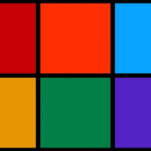 K&ouml;nnte beinhalten: Ein sechseckiges Raster aus farbigen Quadraten. Die obere Reihe ist rot, orange und blau. Die untere Reihe ist gelb, gr&uuml;n und lila.