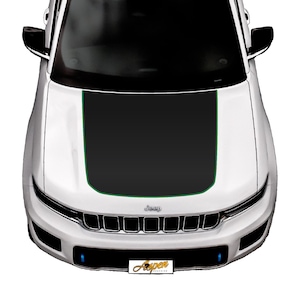 May include: A white Jeep with a black and green hood decal. The decal has a green outline and the Jeep logo is visible on the front grille.
