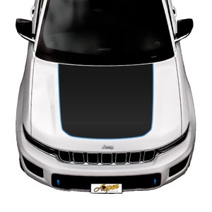 May include: A white Jeep with a black hood wrap and a blue accent line. The Jeep has a black grille with the word "Jeep" in silver lettering.