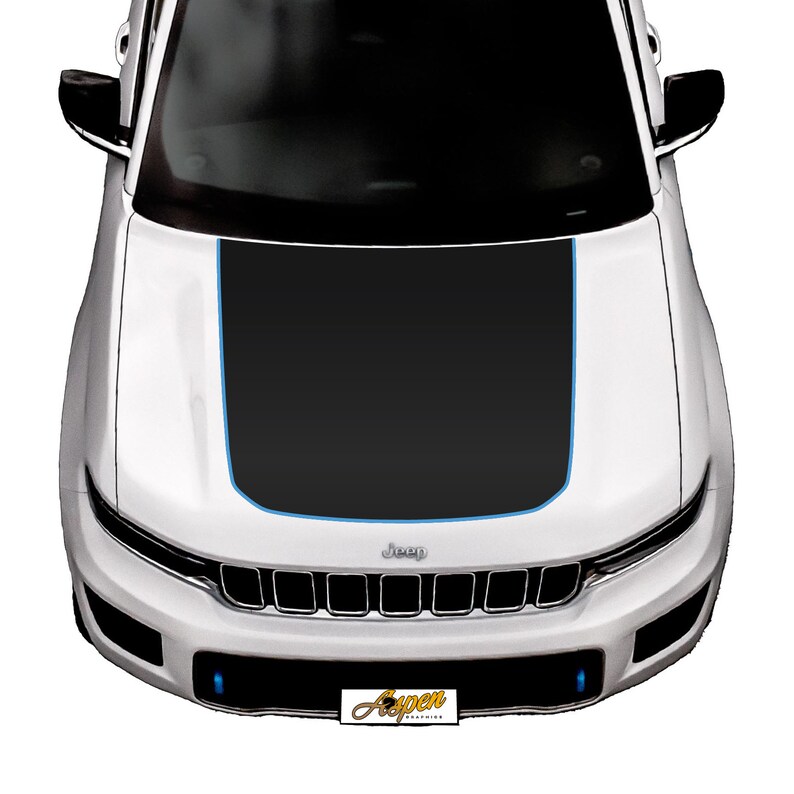 May include: A white Jeep with a black hood wrap and a blue accent line. The Jeep has a black grille with the word "Jeep" in silver lettering.