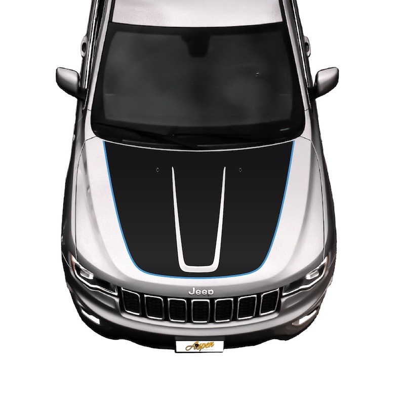 May include: A silver Jeep with a black and blue hood decal. The decal has a white stripe down the center and blue stripes on the sides. The Jeep has a black grille with the word "Jeep" in white letters.