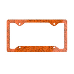 Orange and Black Topographic Lines Metal License Plate Frame - Adventure-Inspired Design for Your Car or Truck