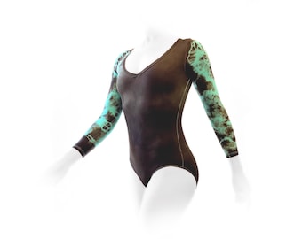 Maillot de baile pintado a mano, teñido anudado, manga larga, talla mediana, ropa de baile, maillot de ballet, único