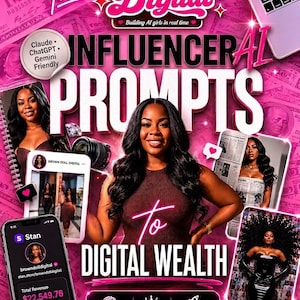Può includere: Una grafica di marketing digitale con uno sfondo rosa brillante che presenta il testo The Brown Doll Digital Influencer AI Prompts To Digital Wealth. Include immagini di una persona, uno smartphone che mostra i ricavi, un computer e icone di diamanti.