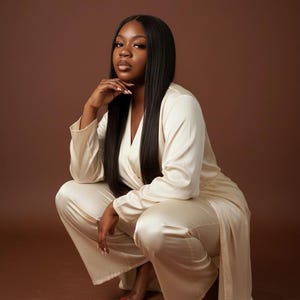 May include: A cream-colored satin pajama set, including a long-sleeved wrap top and wide-leg pants. The model is squatting on a brown background, with long, straight black hair.