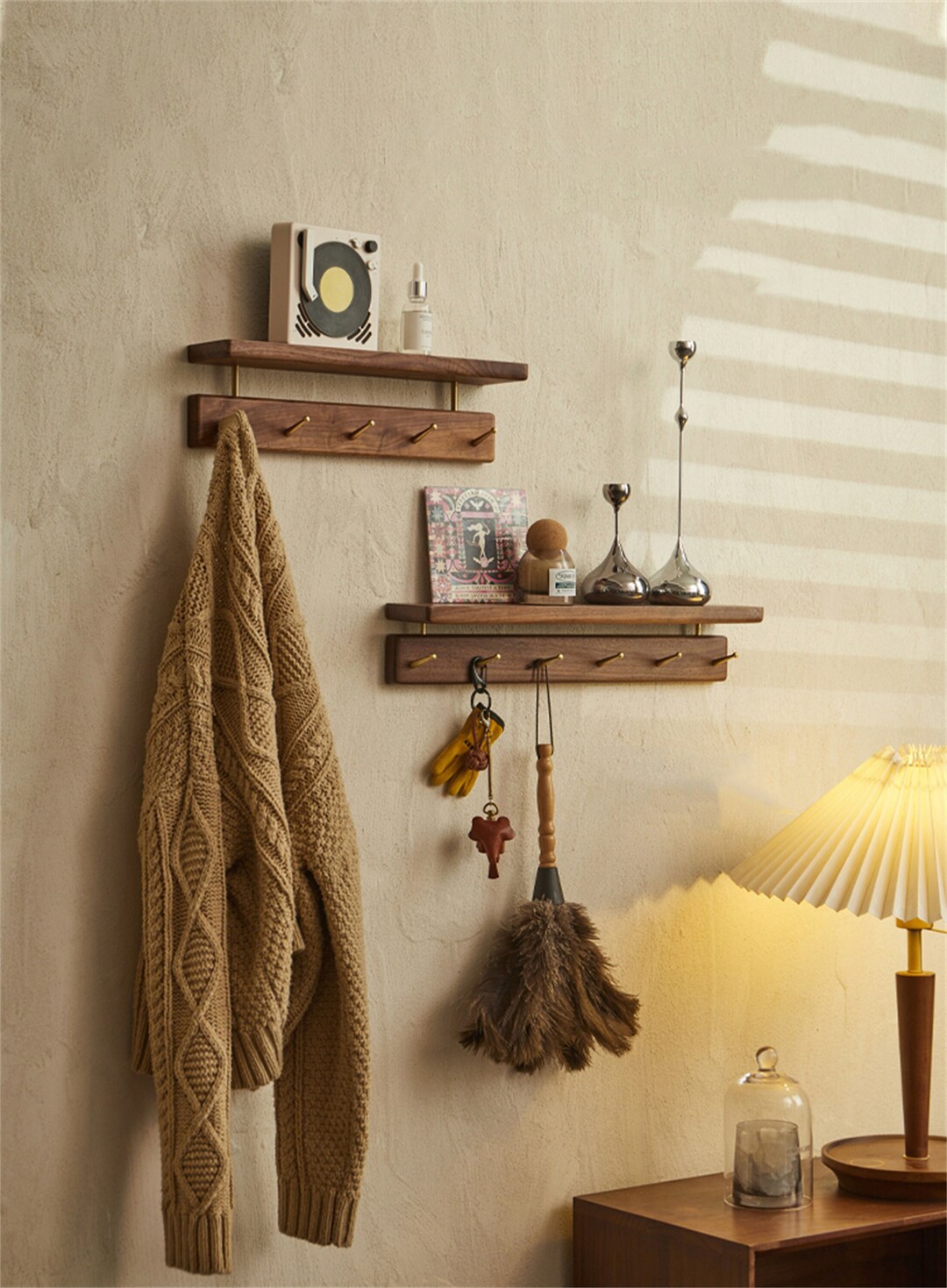Scandinavian Simple Shelf, Brass Hooks, Wall Shelves, Black Walnut Cloak Hooks, Entryway Shelves