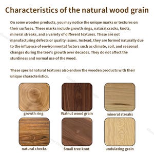 May include: Close-up of six different wood grain patterns, including growth rings, walnut wood grain, mineral streaks, natural checks, small tree knot, and undulating grain. These patterns are natural characteristics of wood.