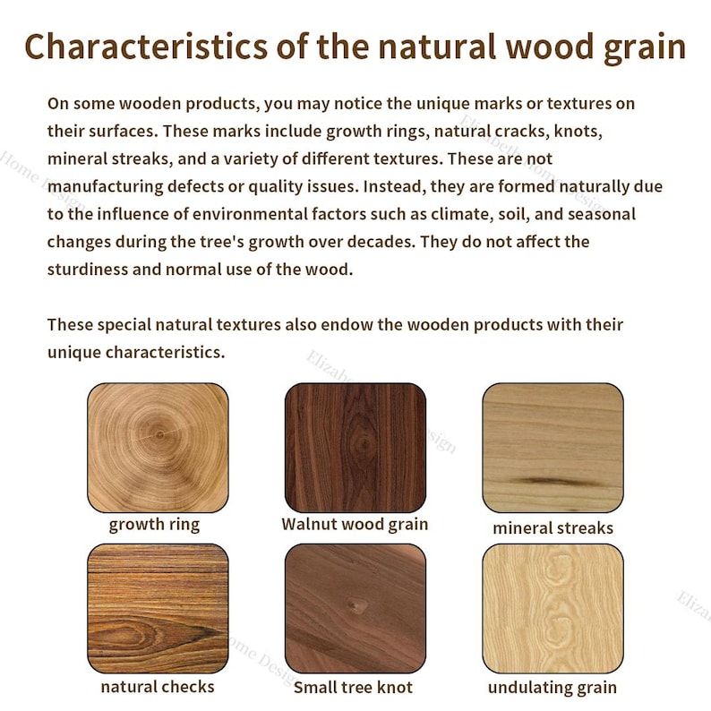 May include: Close-up of six different wood grain patterns, including growth rings, walnut wood grain, mineral streaks, natural checks, small tree knot, and undulating grain. These patterns are natural characteristics of wood.