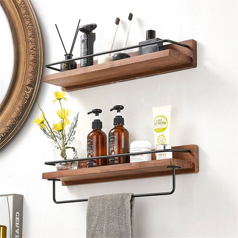 Black Walnut Shelf Bathroom Storage Rack Solid Wood Towel Etsy