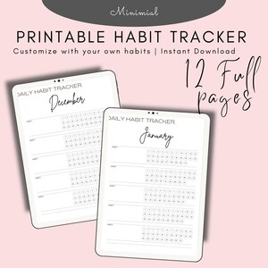Puede incluir: Planificador de hábitos imprimible con 12 páginas completas, que incluye un rastreador de hábitos diario para diciembre y enero. El planificador tiene un diseño minimalista con fondo blanco y texto negro.