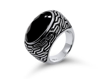 Chunky Black Onyx Ring, 925 Sterling Silver Victorian Scroll Band, Gothic Statement Jewelry