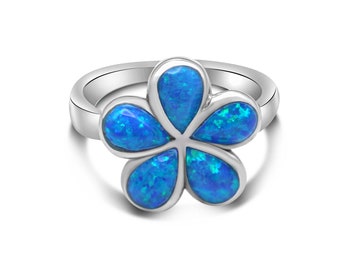 Opal Flower 925 Silver Ring •October Birth Flower Ring •Blue Opal Silver Ring •Meaningful Gift for her