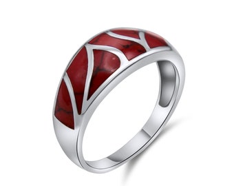 Red Coral 925 Silver Ring •Mosaic Silver Ring •Dainty Red Ring •Tapered Silver Ring •Gift for her