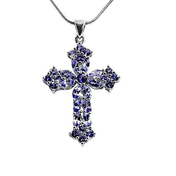 Tanzanite AA+ Cross Pendant 925 Silver •Blue Cross Charm Necklace •Natural Gemstone Pendant •December Birthstone •Gift for her