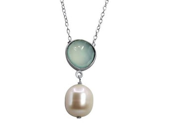 Blue Chalcedony Silver 925 Pendant  •White Pearl Silver Pendant •Gift for any occasion •Antique Style Pendant •Gift for any occasion