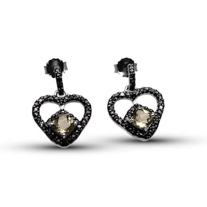 Black Heart 925 Silver Dangle Earrings: Lemon Quartz & Diamond