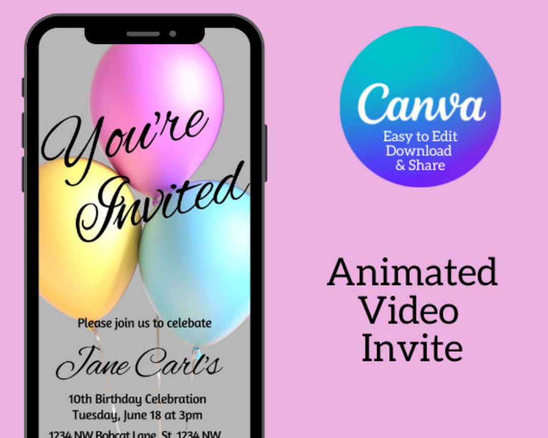 Digital Birthday Invitation Video, Pastel Balloons Confetti Birthday