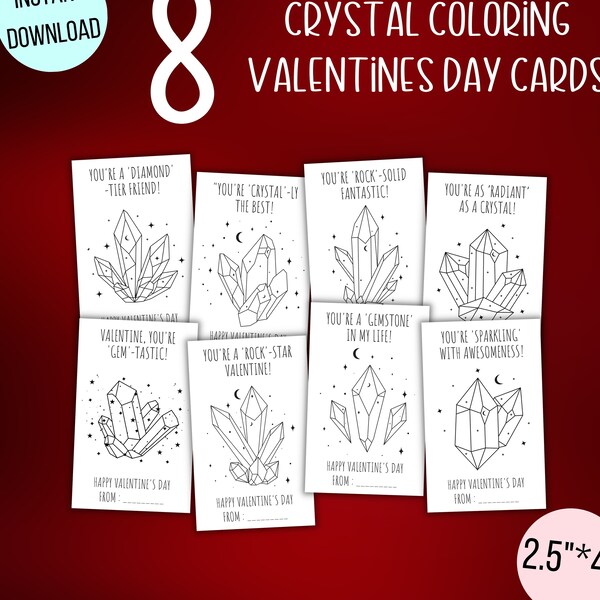 Printable Geode Valentine's cards for kids, Color your own Valentines gift tags, Crystal Valentines coloring cards, Instant Download