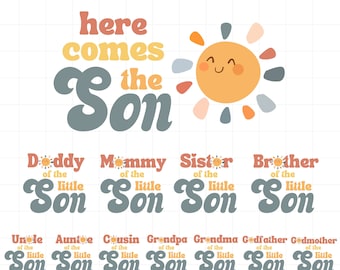 Here comes the son baby shower shirt png bundle, Mom dad sister bro baby shower here comes the son shirt png sublimation, Instant Download
