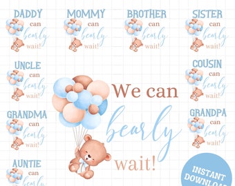 We can bearly wait baby shower shirt png bundle, Blue Mom dad sister brother baby shower baby bear family matching shirt png sublimation