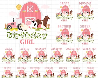 Pink Farm birthday PNG shirts iron on transfer sublimation bundle, Girls Farm animal family birthday shirt png sublimation, INSTANT DOWNLOAD