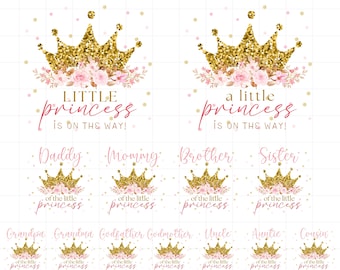 Little Princess baby shower shirt png bundle, Pink gold crown Mom dad sister brother baby shower Princess shirt png, Instant Download