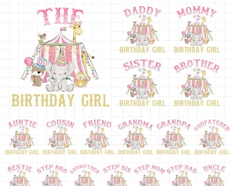 Pink circus birthday PNG shirts iron on transfer sublimation bundle, Girl Circus family birthday shirt png sublimation, INSTANT DOWNLOAD