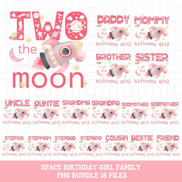 Two the moon birthday shirt png iron on transfer bundle, 2nd outerspace birthday girl family shirt png sublimation, INSTANT DOWNLOAD