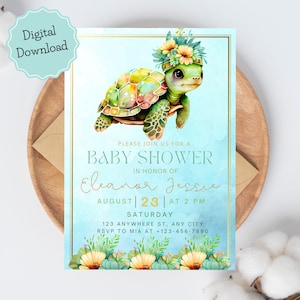 Printable Under the sea baby shower invitation, Watercolor Sea Turtle baby shower invite, Nautical Ocean Turtle baby shower decorations