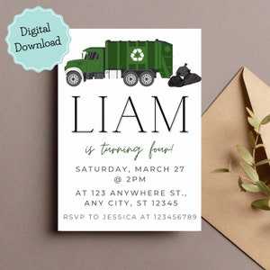 Printable Garbage truck birthday invitation, Watercolor trash truck birthday invite,  Modern garbage dump truck birthday celebration invite