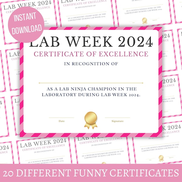 Printable Lab week certificate of excellence, Laboratory week 2024 funny tittles, Happy lab week celebration printables, Instant Download