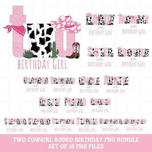 May include: Pink and black cowgirl themed birthday party graphics featuring the number two, a cowboy hat, and boots. The text reads "Two Birthday Girl" and includes titles for family members such as "Daddy of the Birthday Girl" and "Sister of the Birthday Girl".