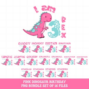 Three rex birthday PNG sublimation bundle, Dinosaur birthday shirt png bundle Girls 3rd dino birthday iron on transfer, INSTANT DOWNLOAD