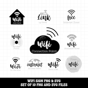 以下が含まれることがあります： 白黒のWiFiサインデザイン10点セット。サインは、「WiFi 今すぐ参加！」や「無料インターネットゾーン！」など、さまざまなスタイルとテキストが特徴です。