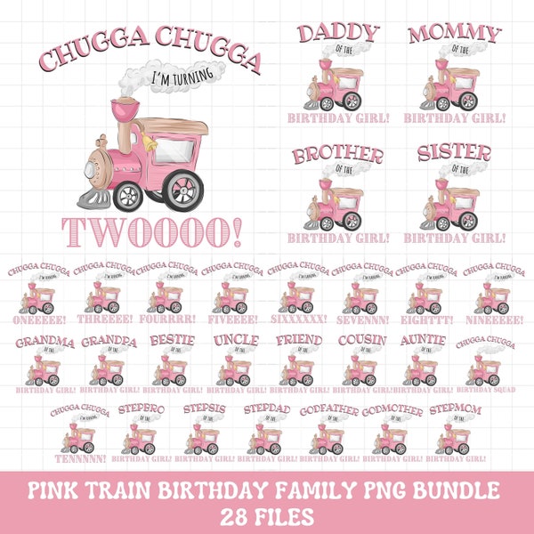 Girls pink train birthday shirt tshirt PNG bundle, Pink train birthday family matching shirts PNG, Train birthday shirt iron on transfer