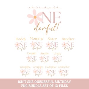 May include: A set of 12 printable files featuring a pink flower with a yellow centre and the text "NE derfult" in gold. The text "Daddy", "Mommy", "Sister", "Brother", "Cousin", "Auntie", "Uncle", "Grandpa", "Godfather", and "Godmother" are included in the design. The text "ISN'T SHE ONEDERFUL BIRTHDAY PNG BUNDLE SET OF 12 FILES" is at the bottom of the image.