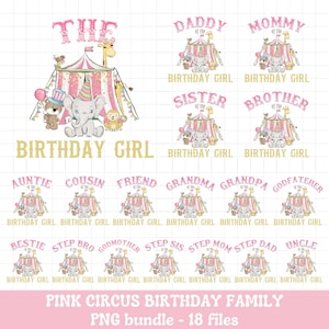 Pink circus birthday PNG shirts iron on transfer sublimation bundle, Girl Circus family birthday shirt png sublimation, INSTANT DOWNLOAD