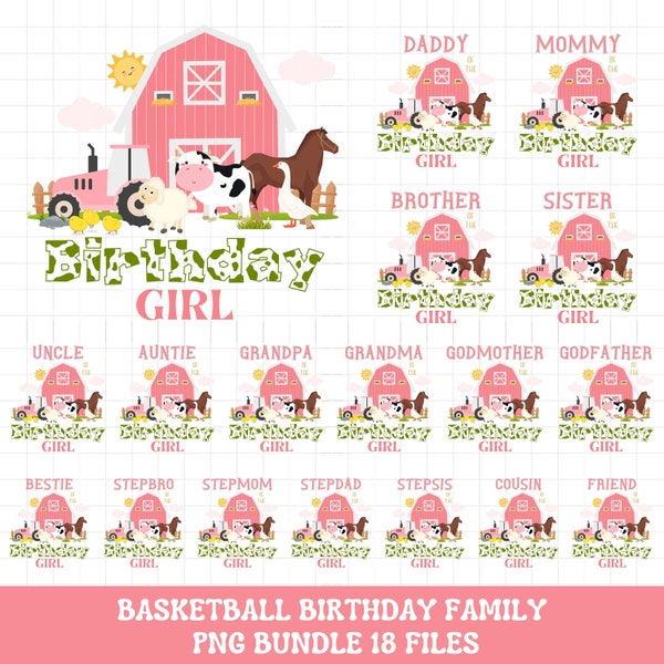 Pink Farm birthday PNG shirts iron on transfer sublimation bundle, Girls Farm animal family birthday shirt png sublimation, INSTANT DOWNLOAD