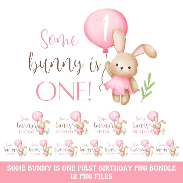 Some bunny is ONE first birthday PNG shirts iron on transfer bundle, Girl Pink Easter bunny birthday shirt png, Instant Download