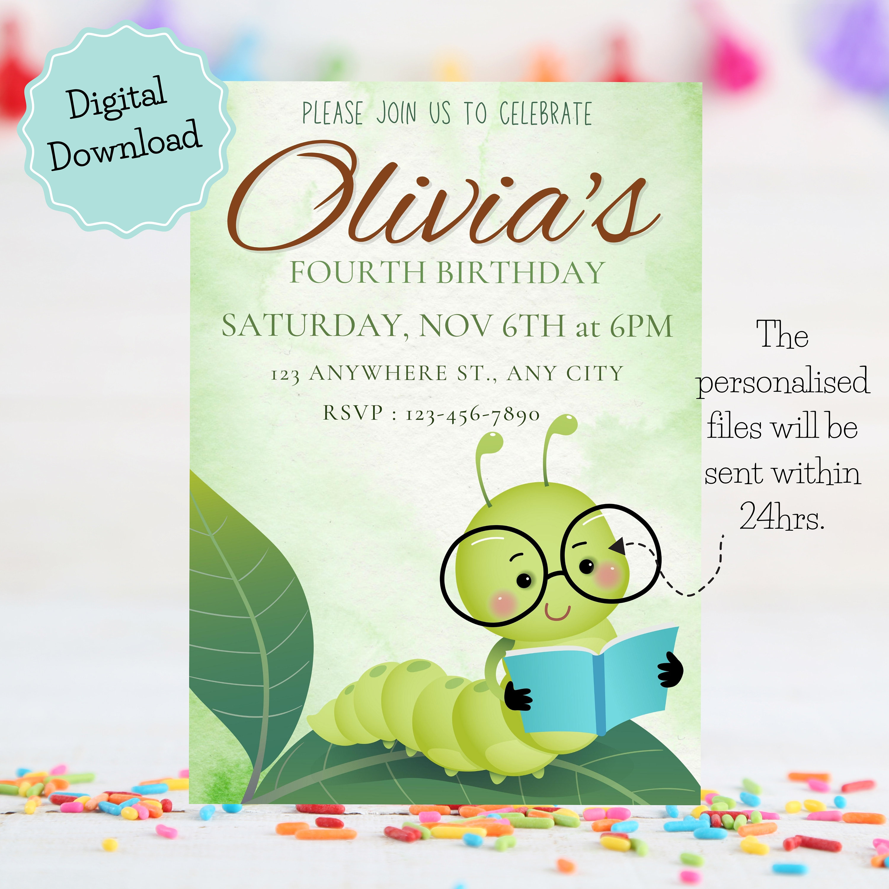 Printable Bookworm Birthday Invitation Library Invite Books - Etsy