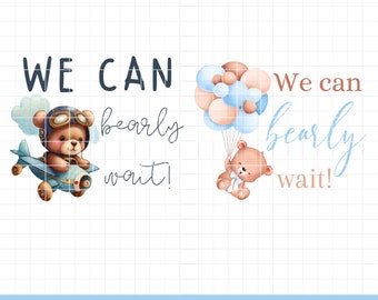 We can bearly wait baby shower shirt png bundle, Blue boy baby shower teddy bear shirt png sublimation, Teddy bear baby shower PNG