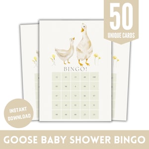 Juego de bingo para baby shower de ganso para imprimir, juego de 50 juegos de baby shower de ganso pequeño, descarga instantánea
