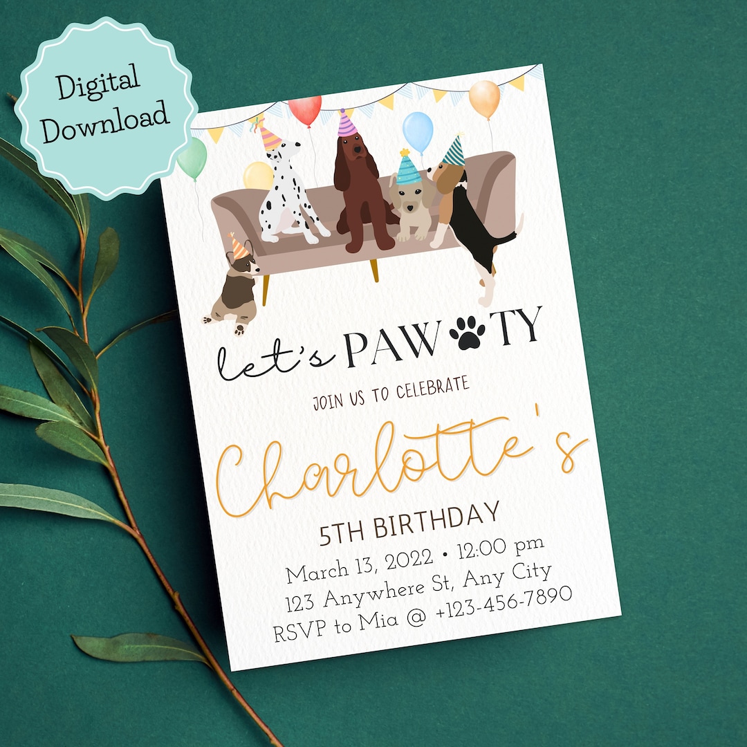 Printable Dog Birthday Party Invitation, Puppy Pawty Dog Theme Party Invite, Pawty Birthday ...